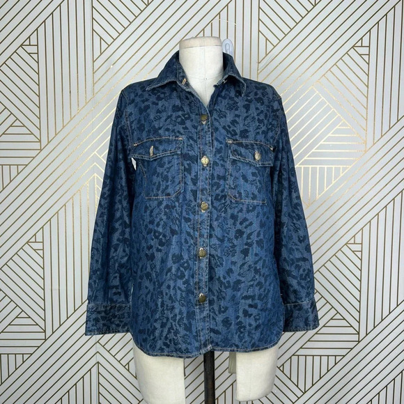 Current/Elliott The Perfect Shirt in Indigo Leopard Denim Size US 0‎ / XS - Picture 2 of 12